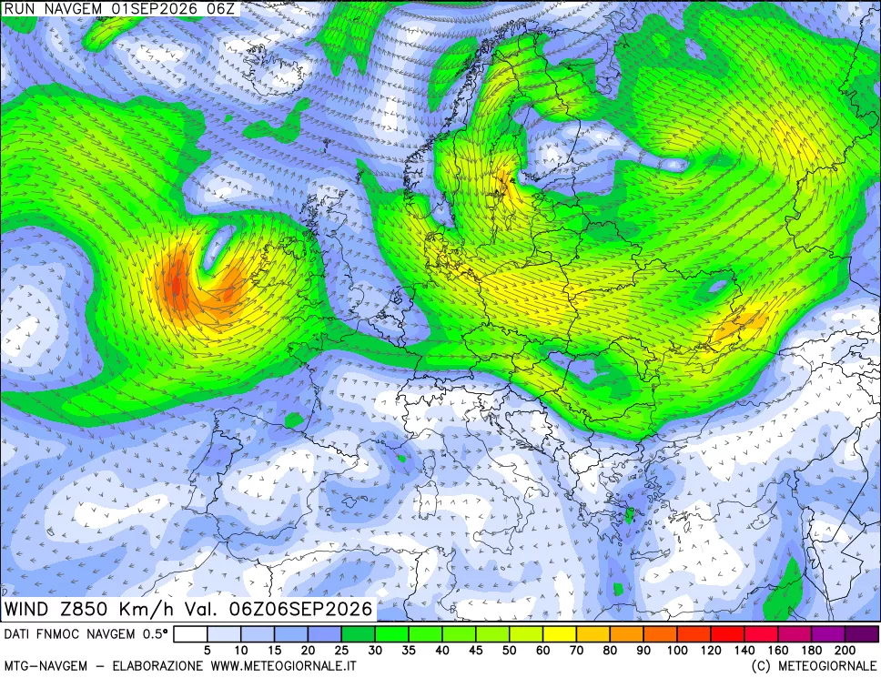 mappa Direzione e forza del vento a 850hPa