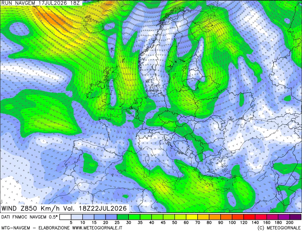 mappa Direzione e forza del vento a 850hPa
