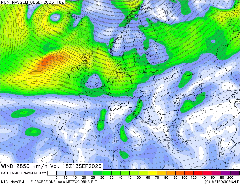 mappa Direzione e forza del vento a 850hPa