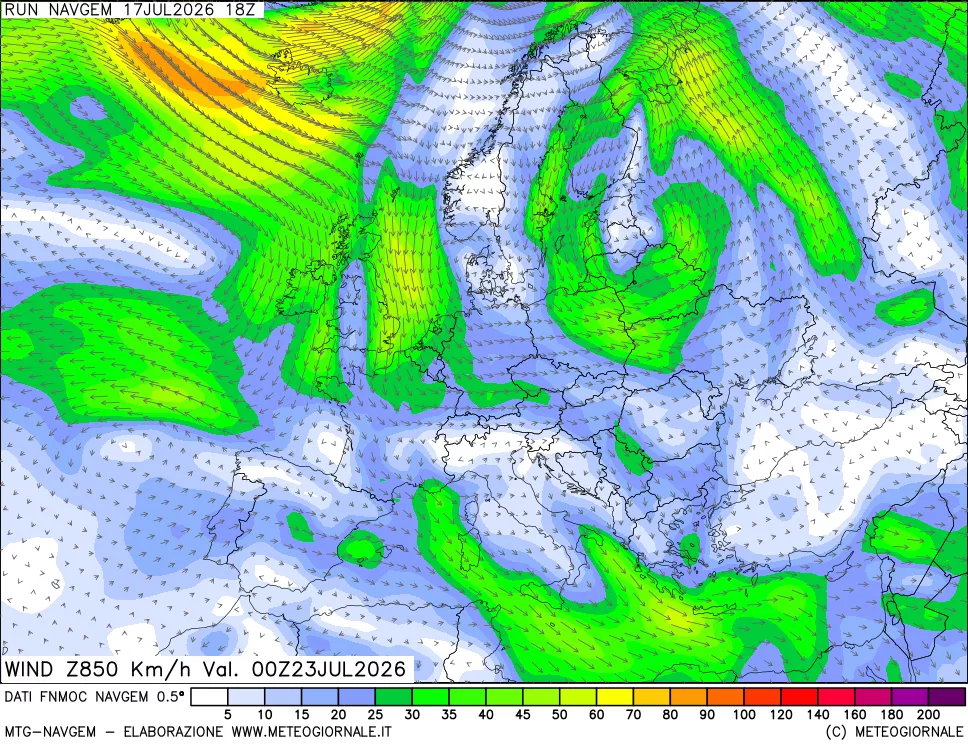 mappa Direzione e forza del vento a 850hPa