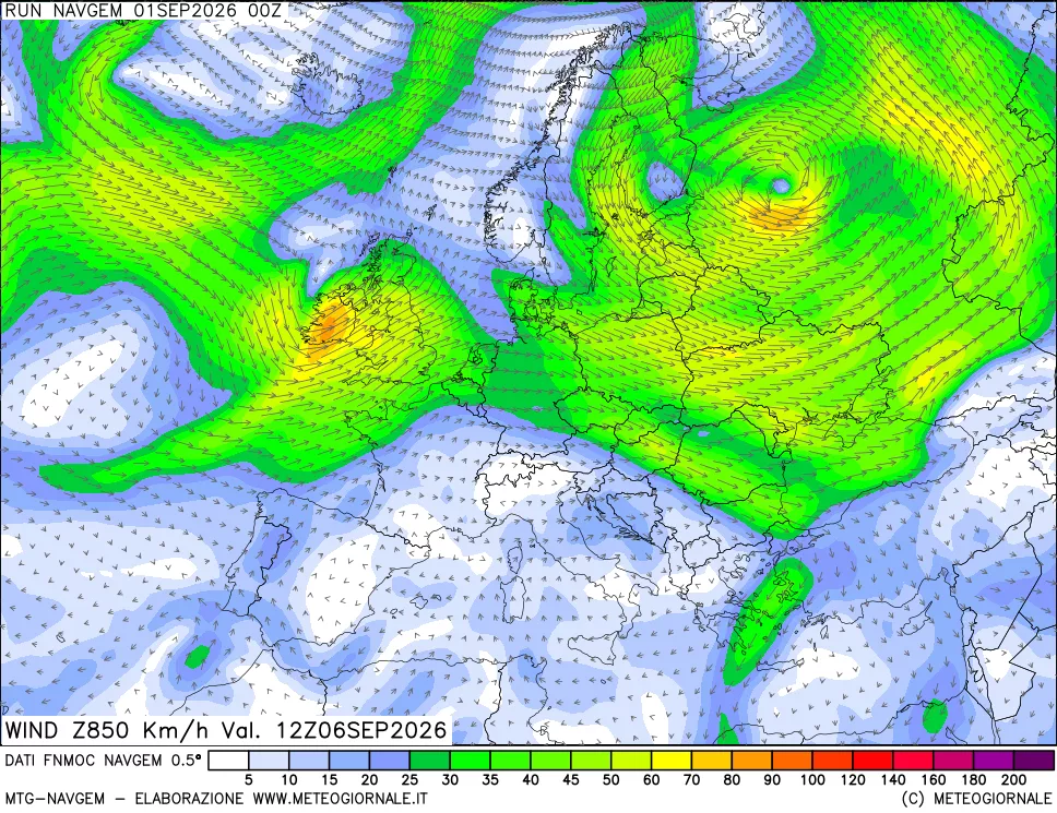 mappa Direzione e forza del vento a 850hPa