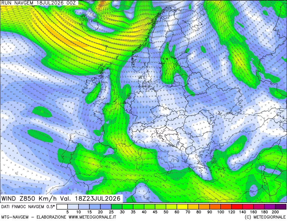 mappa Direzione e forza del vento a 850hPa