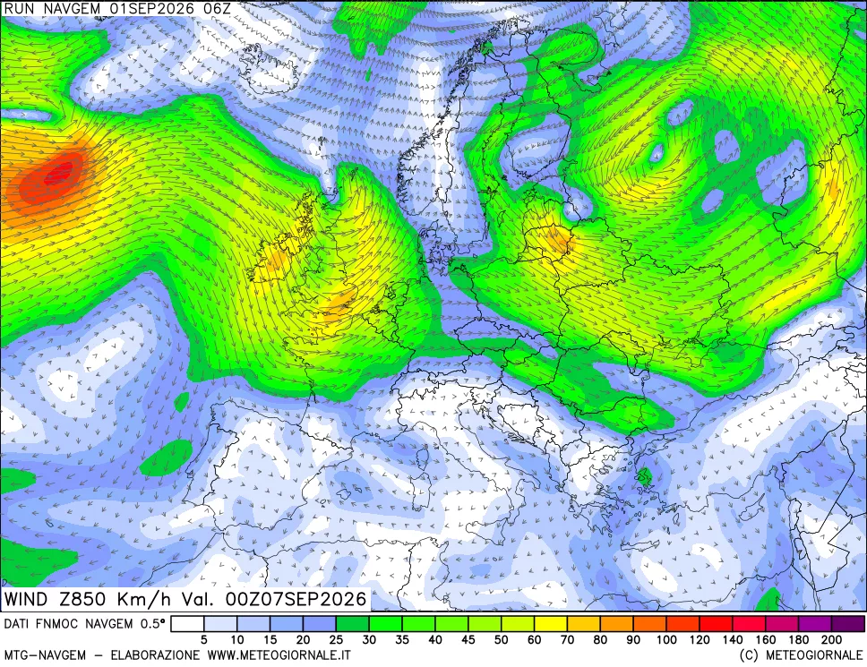 mappa Direzione e forza del vento a 850hPa
