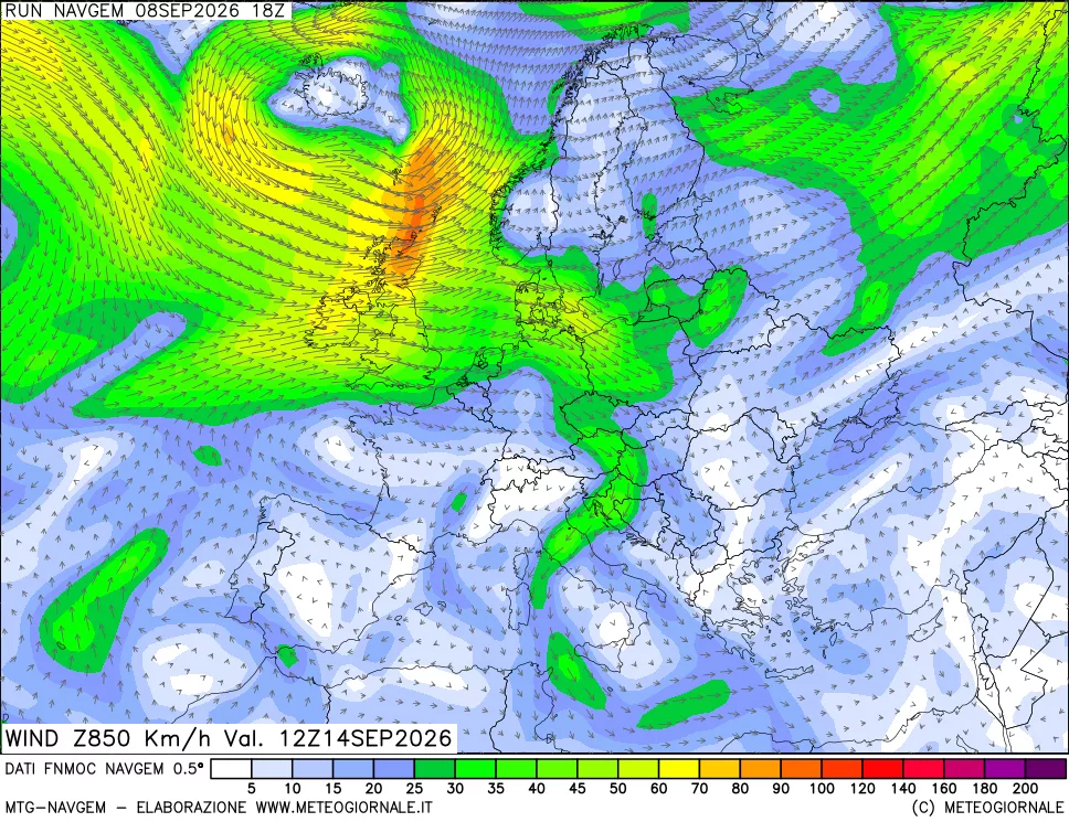 mappa Direzione e forza del vento a 850hPa