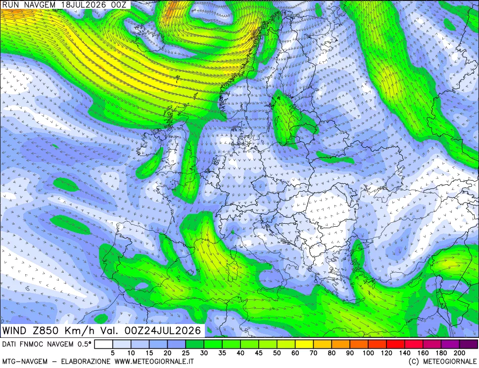 mappa Direzione e forza del vento a 850hPa