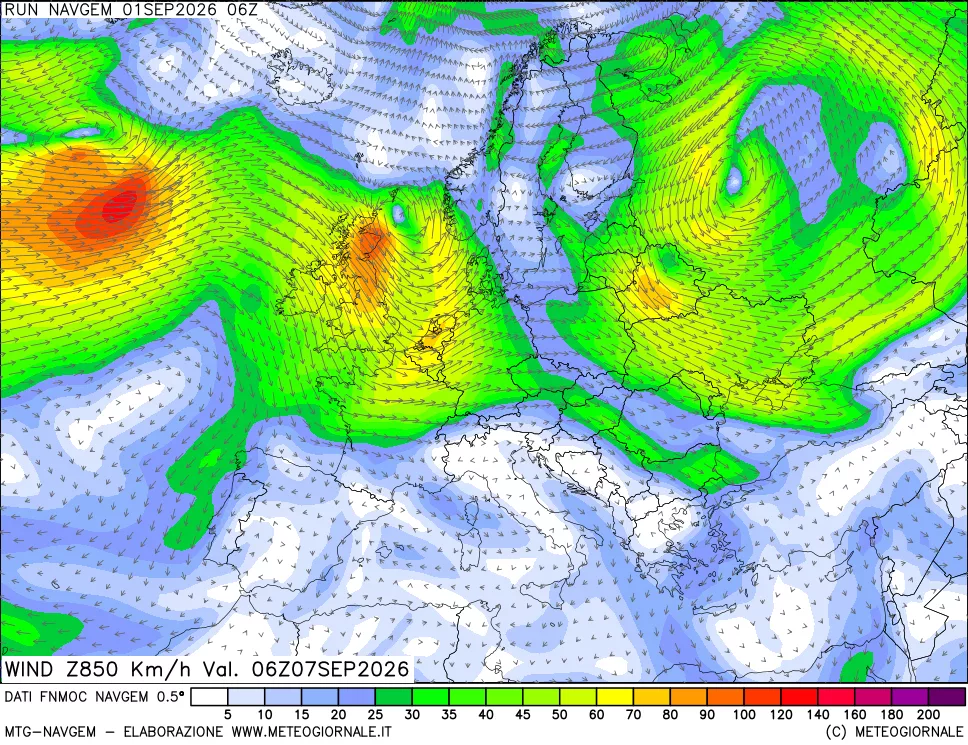 mappa Direzione e forza del vento a 850hPa