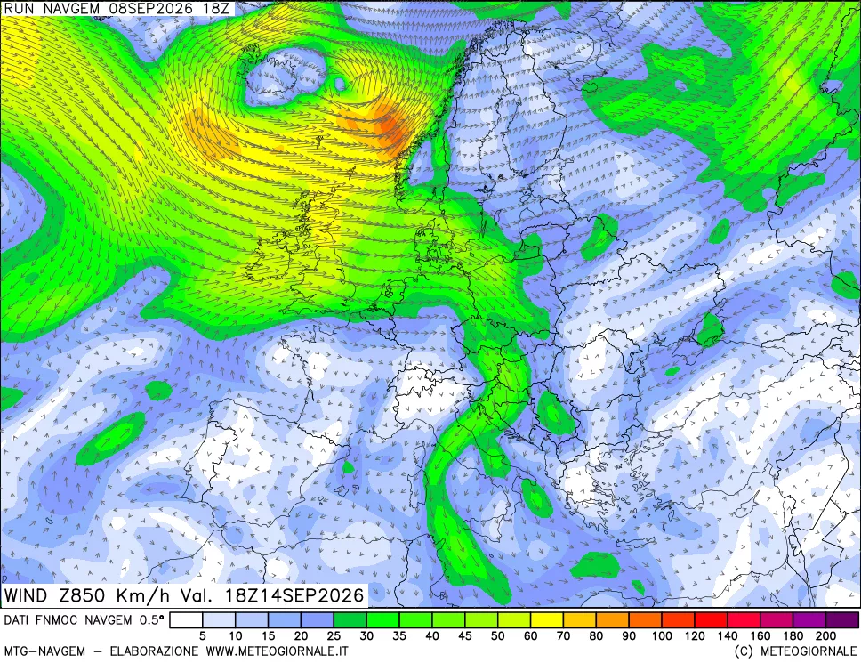 mappa Direzione e forza del vento a 850hPa