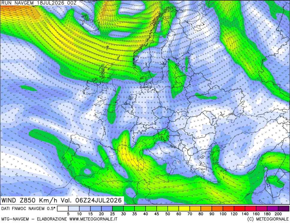 mappa Direzione e forza del vento a 850hPa