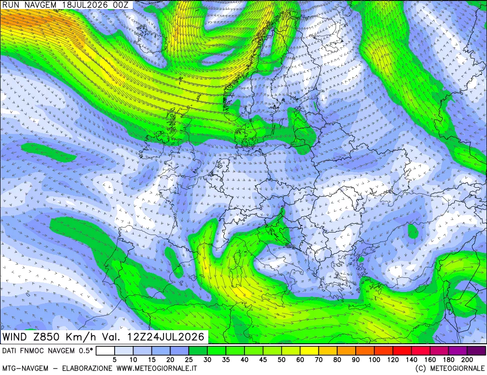 mappa Direzione e forza del vento a 850hPa