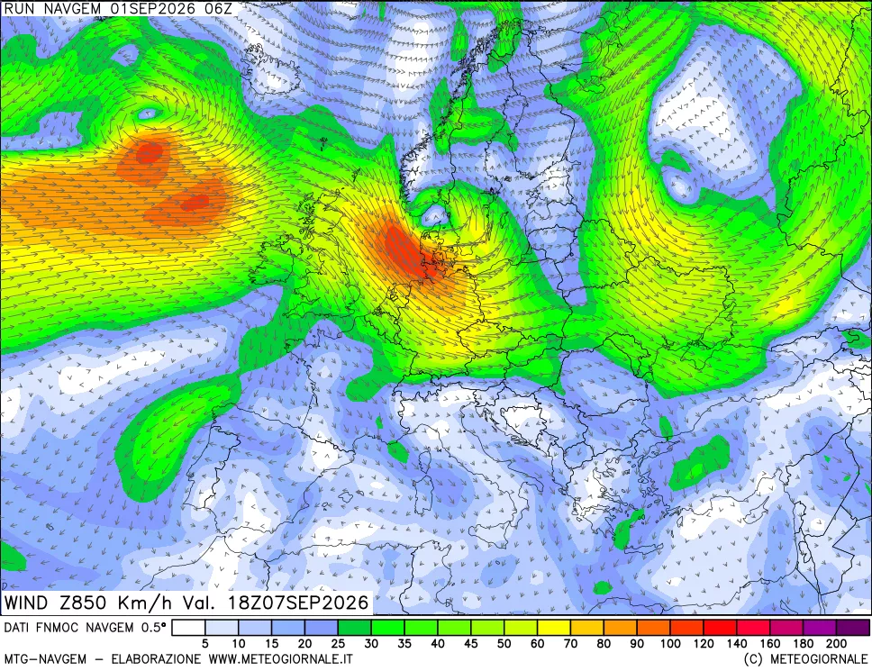 mappa Direzione e forza del vento a 850hPa