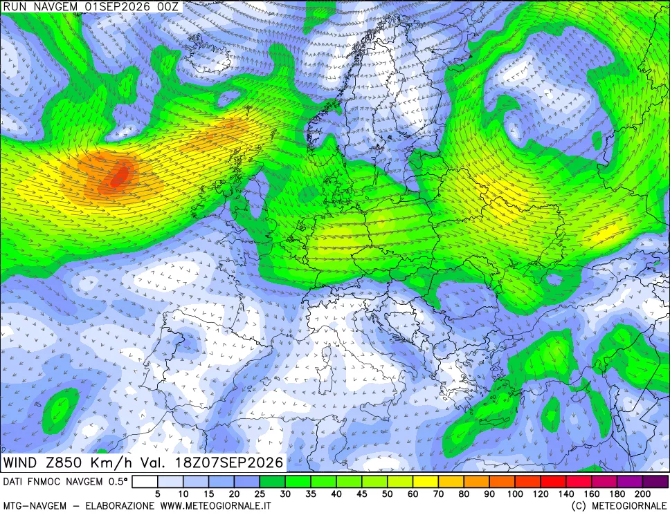 mappa Direzione e forza del vento a 850hPa