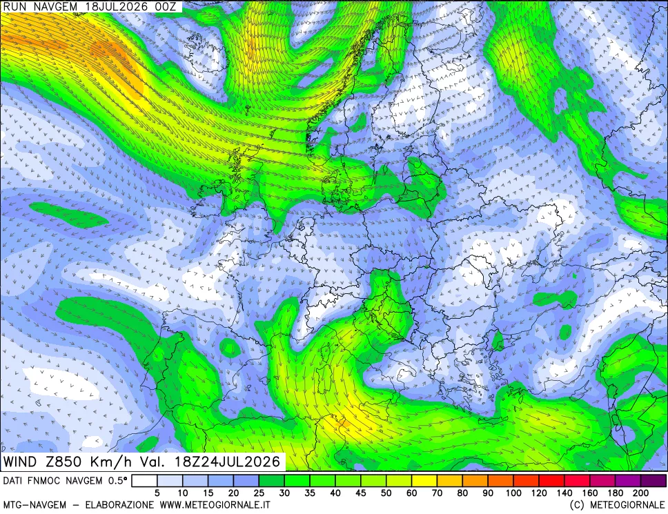 mappa Direzione e forza del vento a 850hPa