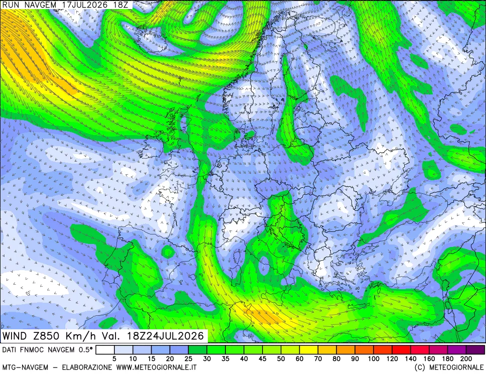 mappa Direzione e forza del vento a 850hPa