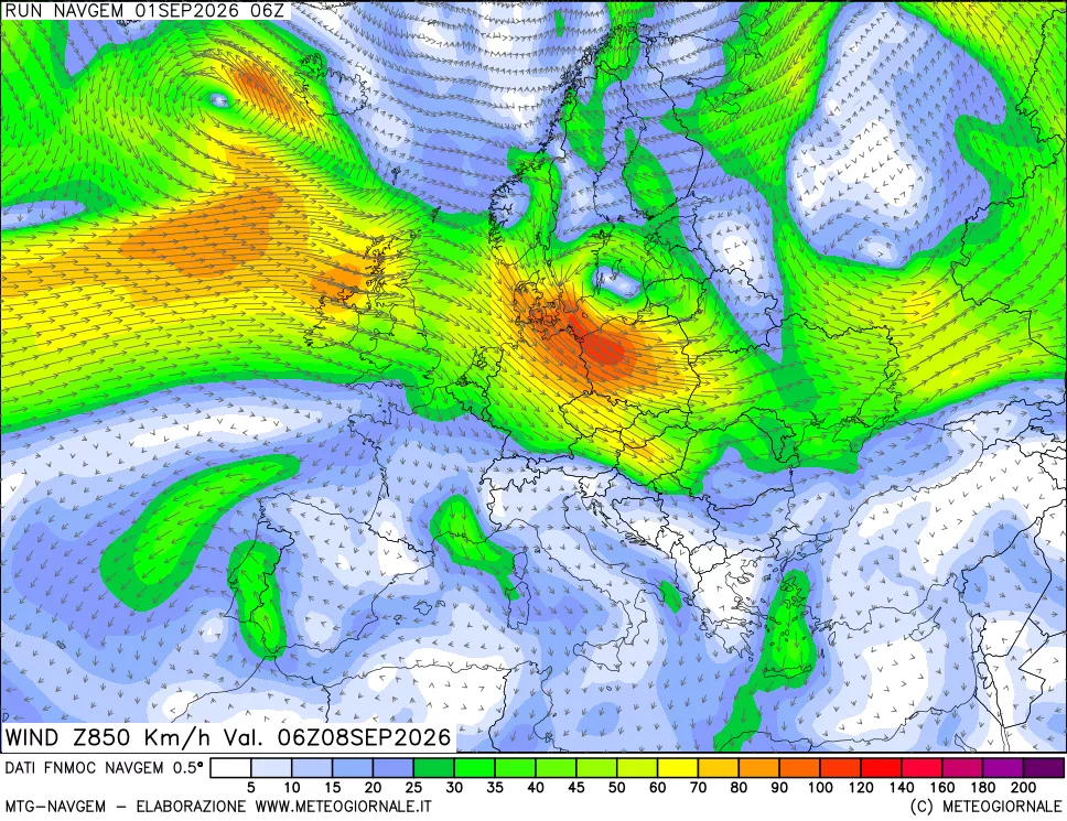 mappa Direzione e forza del vento a 850hPa