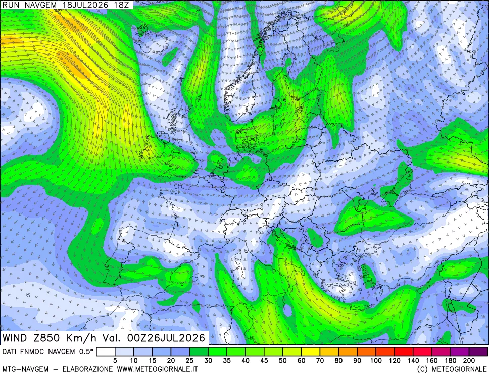 mappa Direzione e forza del vento a 850hPa