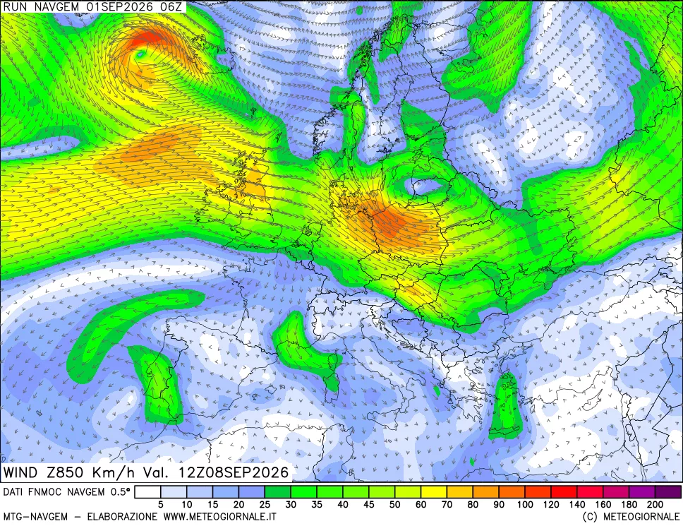 mappa Direzione e forza del vento a 850hPa