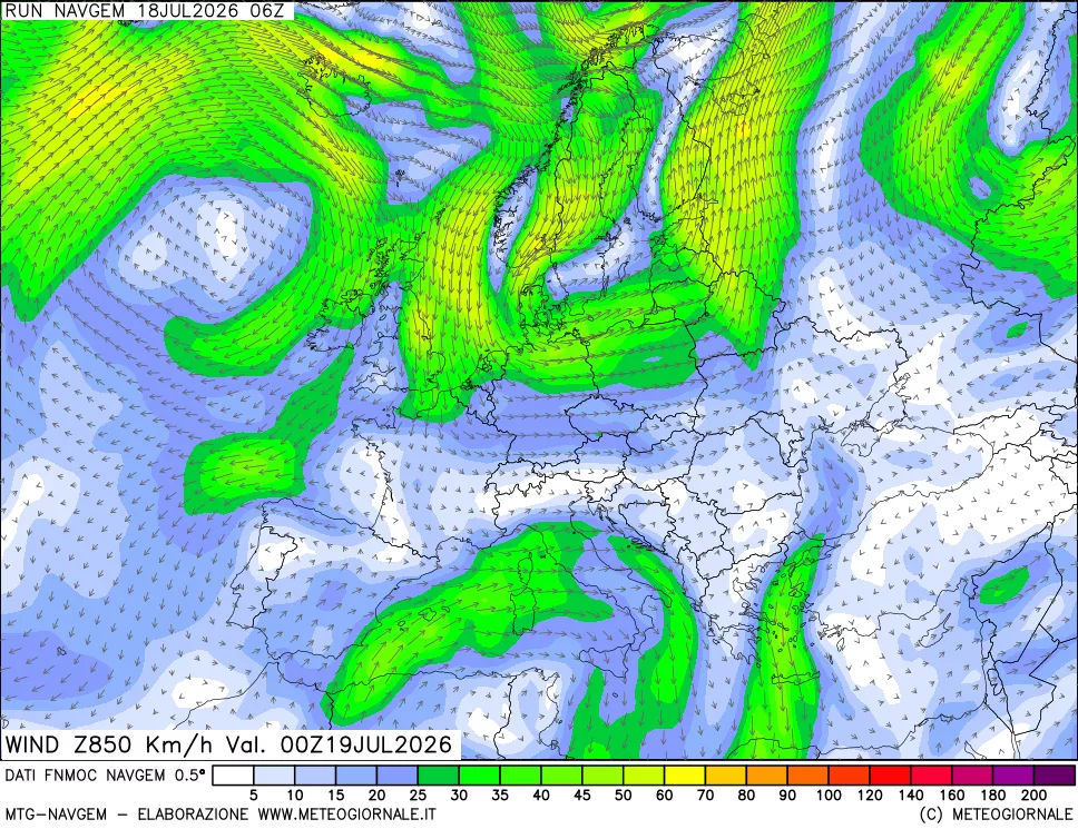 mappa Direzione e forza del vento a 850hPa