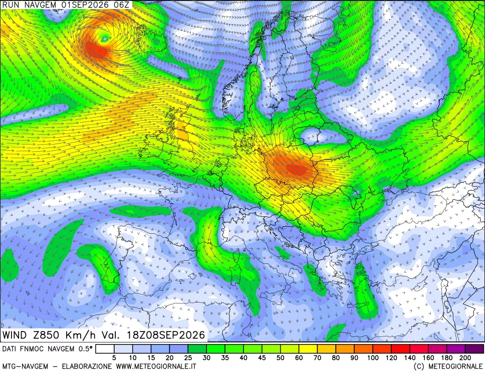 mappa Direzione e forza del vento a 850hPa