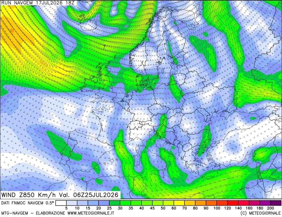 mappa Direzione e forza del vento a 850hPa