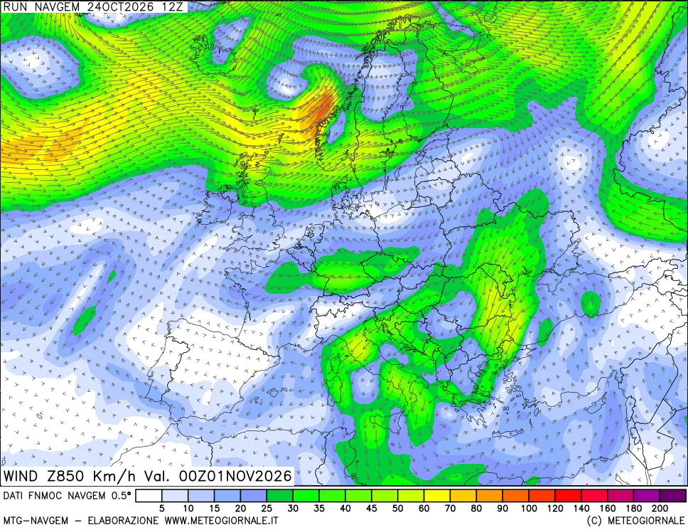 mappa Direzione e forza del vento a 850hPa
