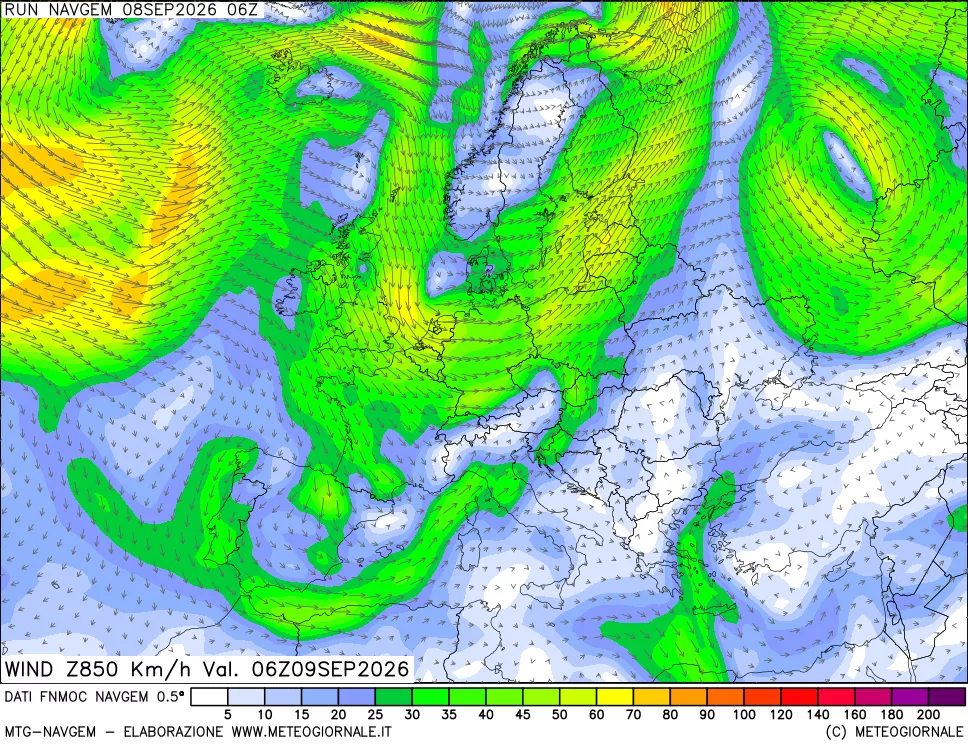 mappa Direzione e forza del vento a 850hPa