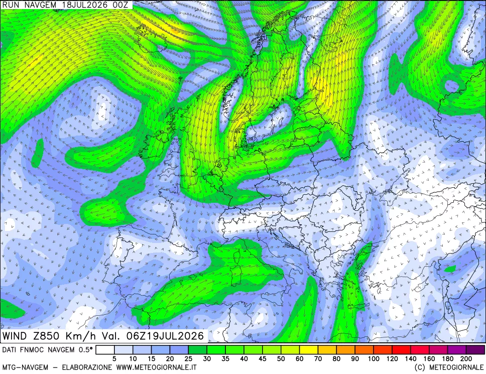 mappa Direzione e forza del vento a 850hPa