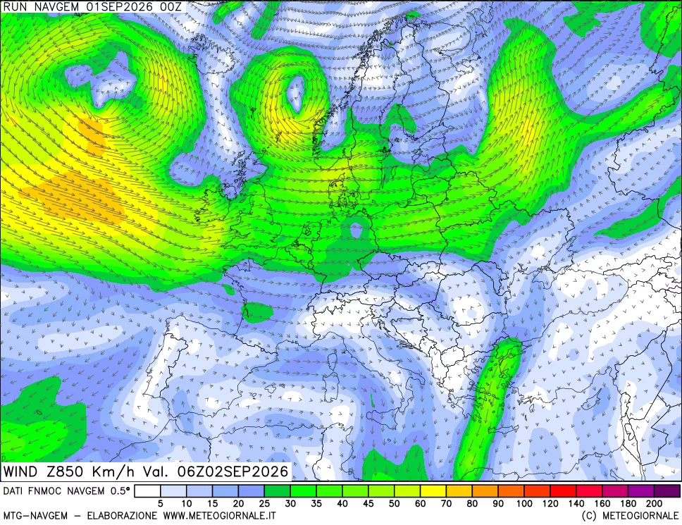 mappa Direzione e forza del vento a 850hPa