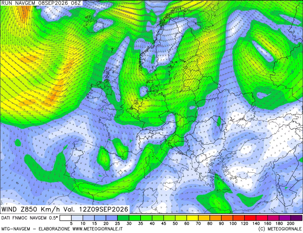 mappa Direzione e forza del vento a 850hPa
