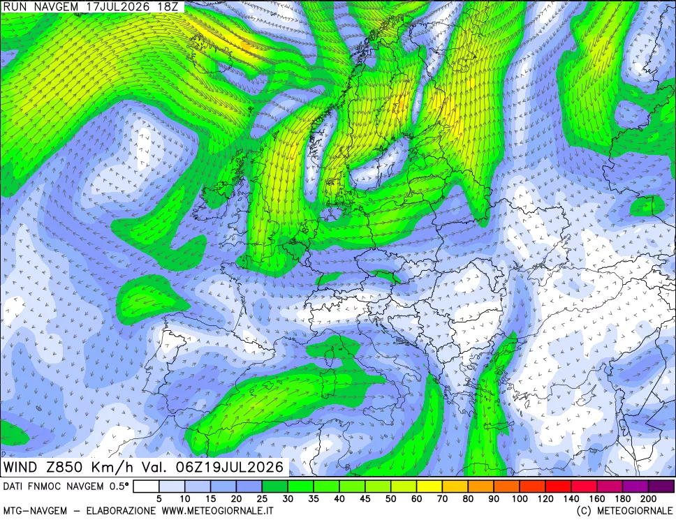 mappa Direzione e forza del vento a 850hPa