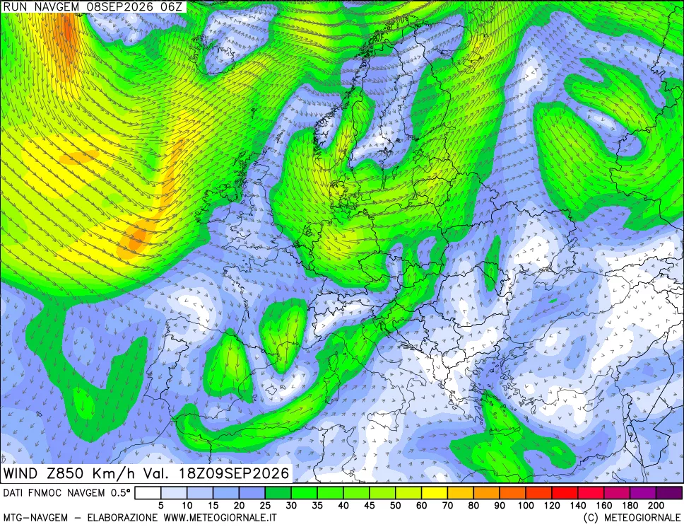 mappa Direzione e forza del vento a 850hPa