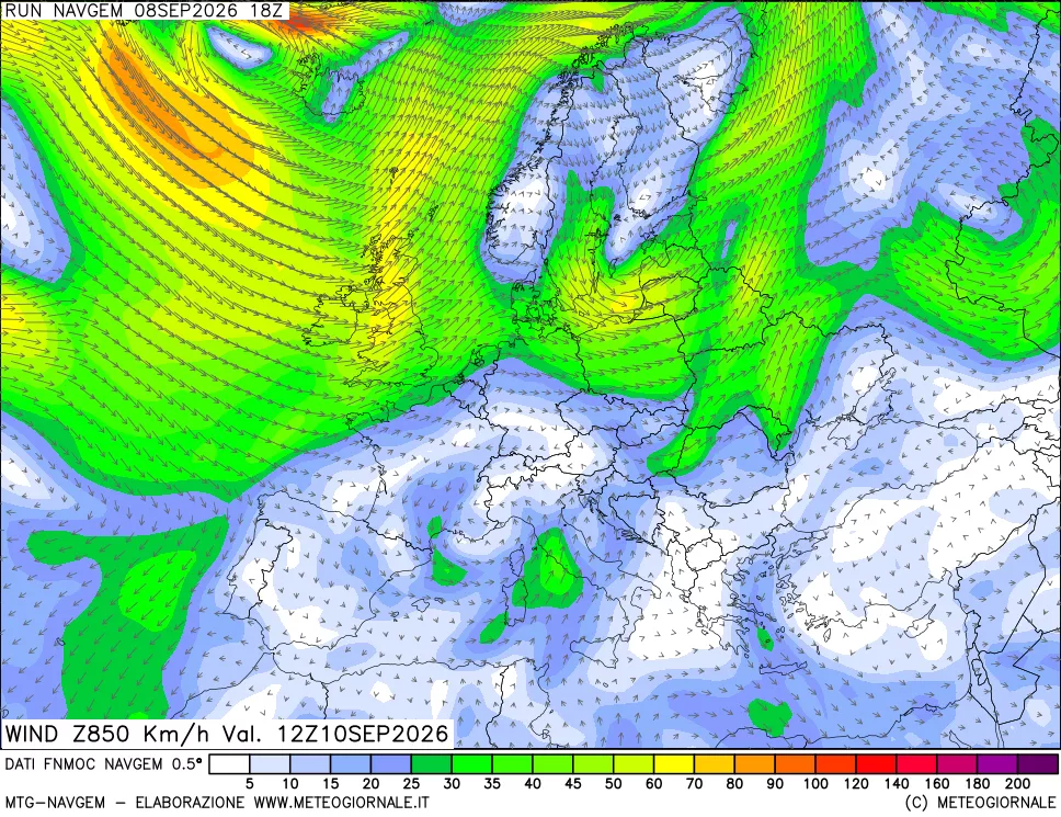 mappa Direzione e forza del vento a 850hPa