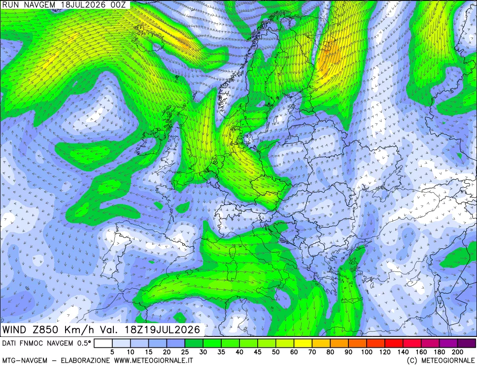 mappa Direzione e forza del vento a 850hPa