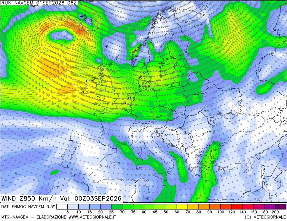 mappa Direzione e forza del vento a 850hPa
