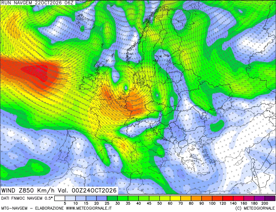 mappa Direzione e forza del vento a 850hPa