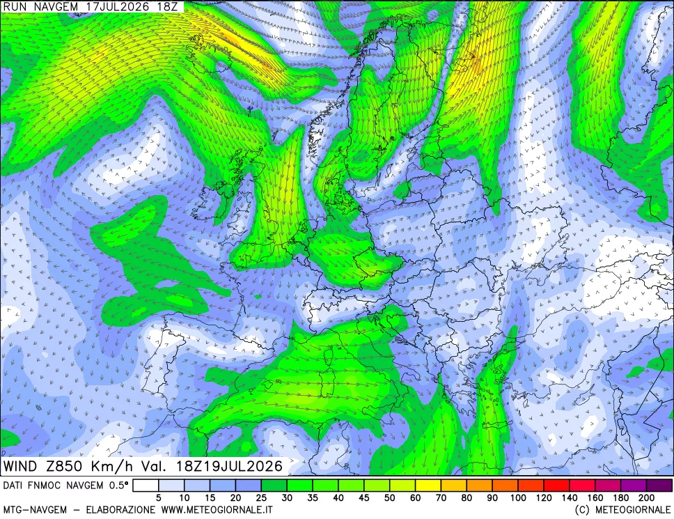 mappa Direzione e forza del vento a 850hPa