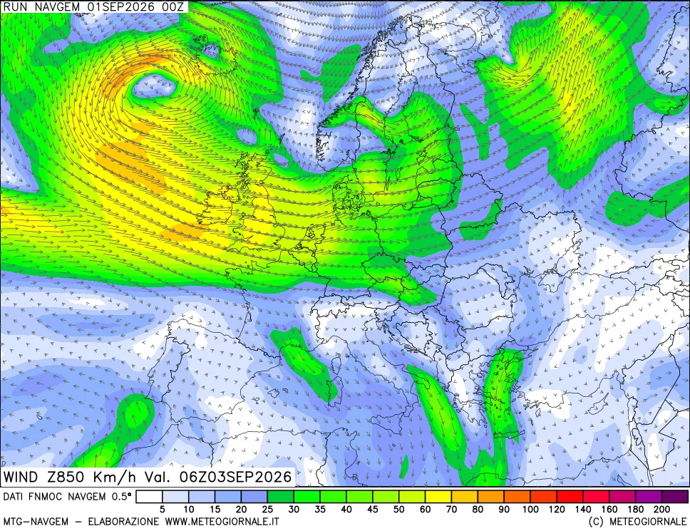 mappa Direzione e forza del vento a 850hPa