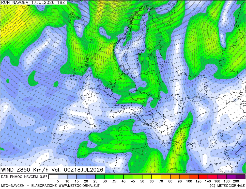 mappa Direzione e forza del vento a 850hPa
