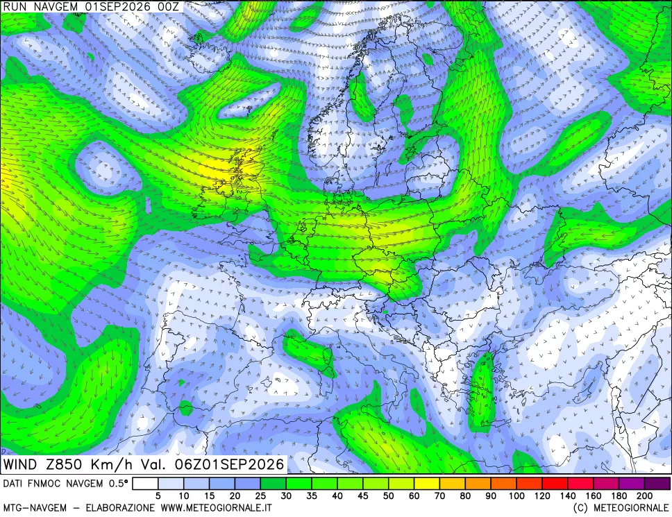 mappa Direzione e forza del vento a 850hPa