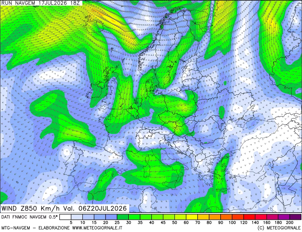mappa Direzione e forza del vento a 850hPa