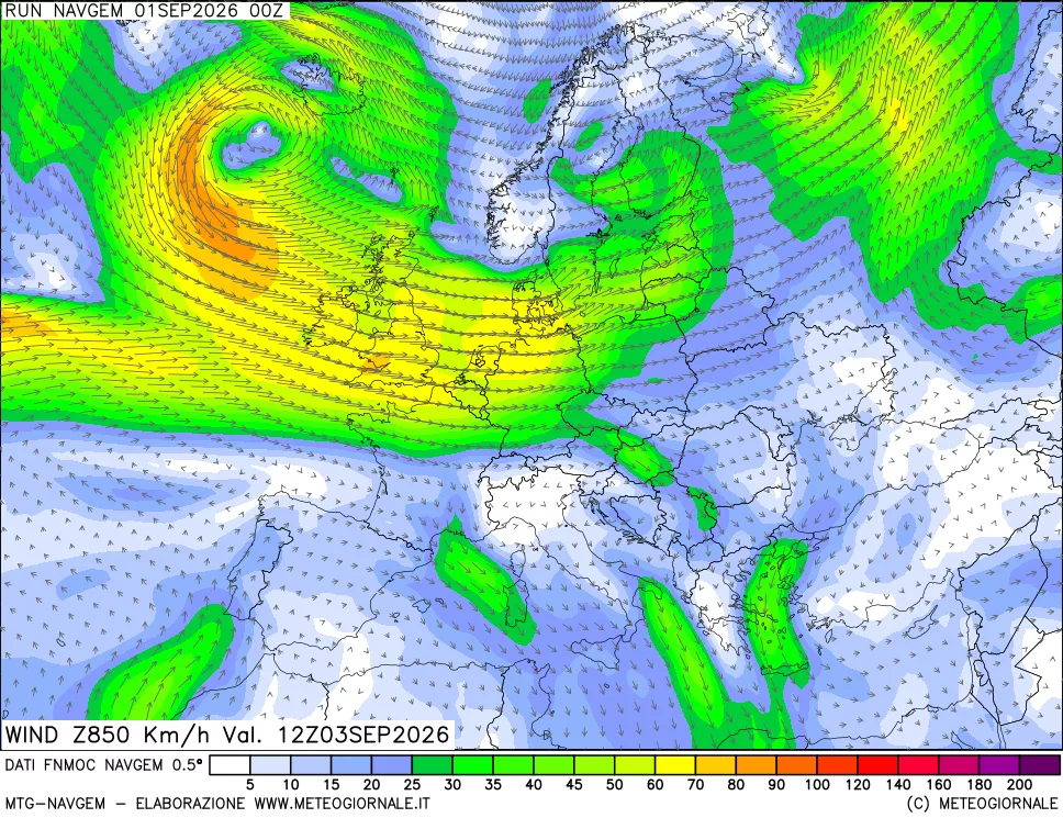 mappa Direzione e forza del vento a 850hPa