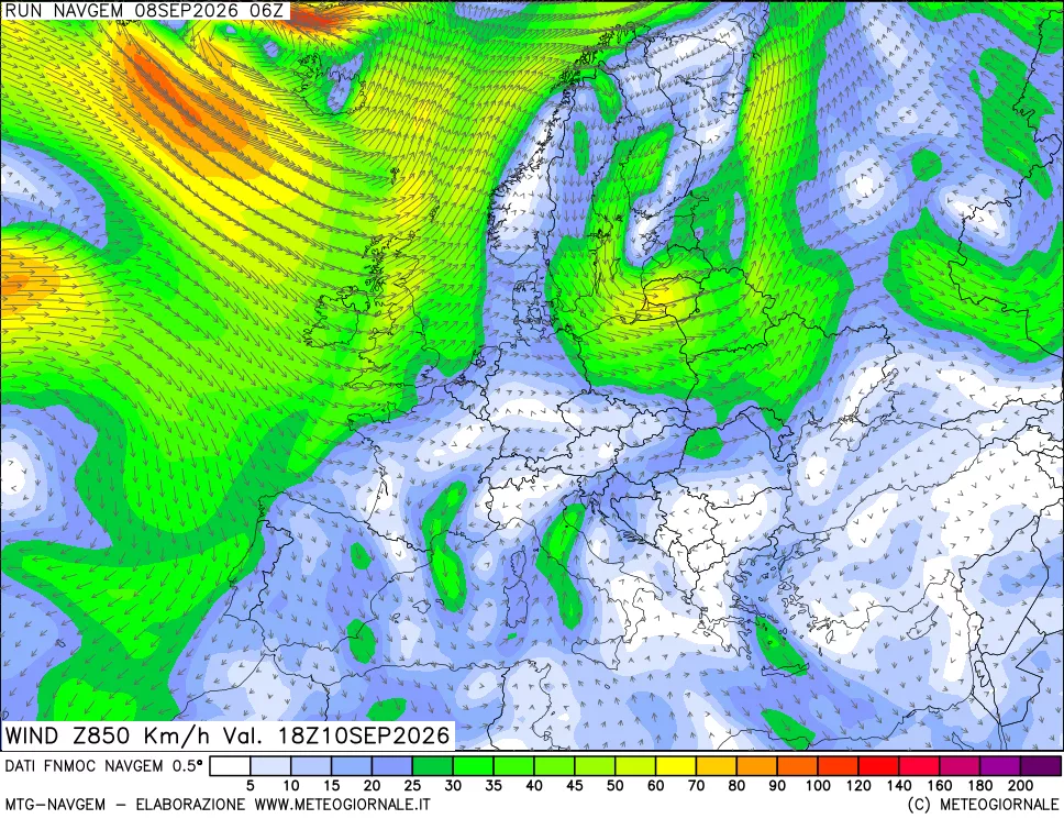 mappa Direzione e forza del vento a 850hPa