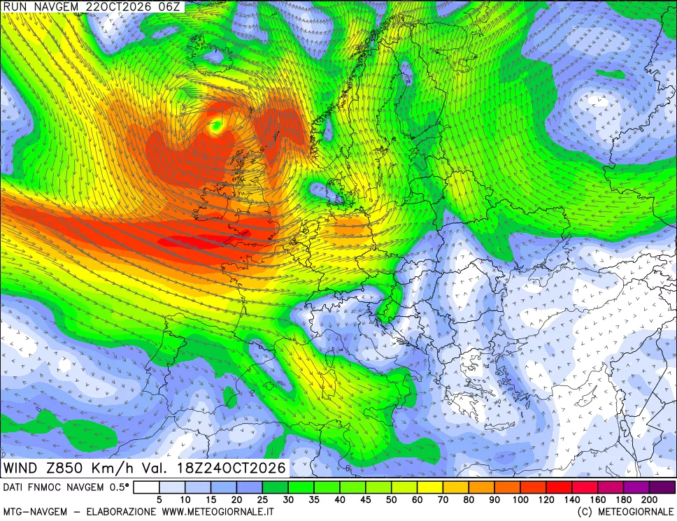 mappa Direzione e forza del vento a 850hPa