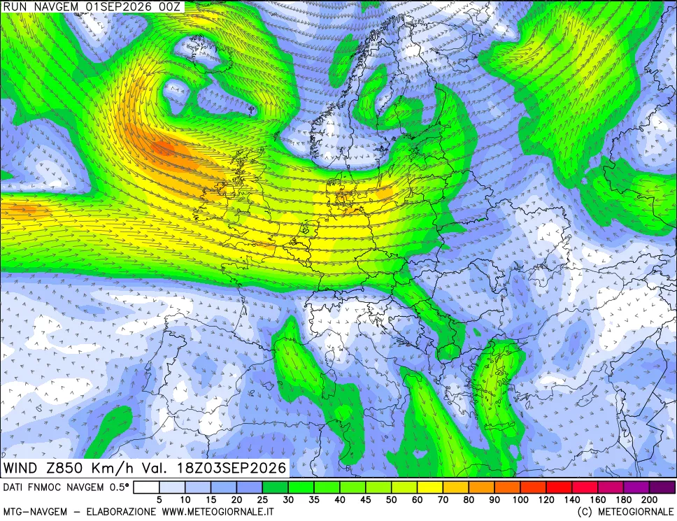 mappa Direzione e forza del vento a 850hPa