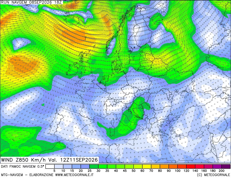 mappa Direzione e forza del vento a 850hPa