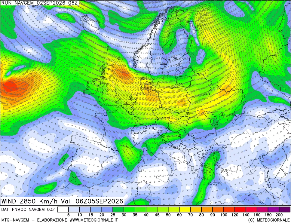 mappa Direzione e forza del vento a 850hPa