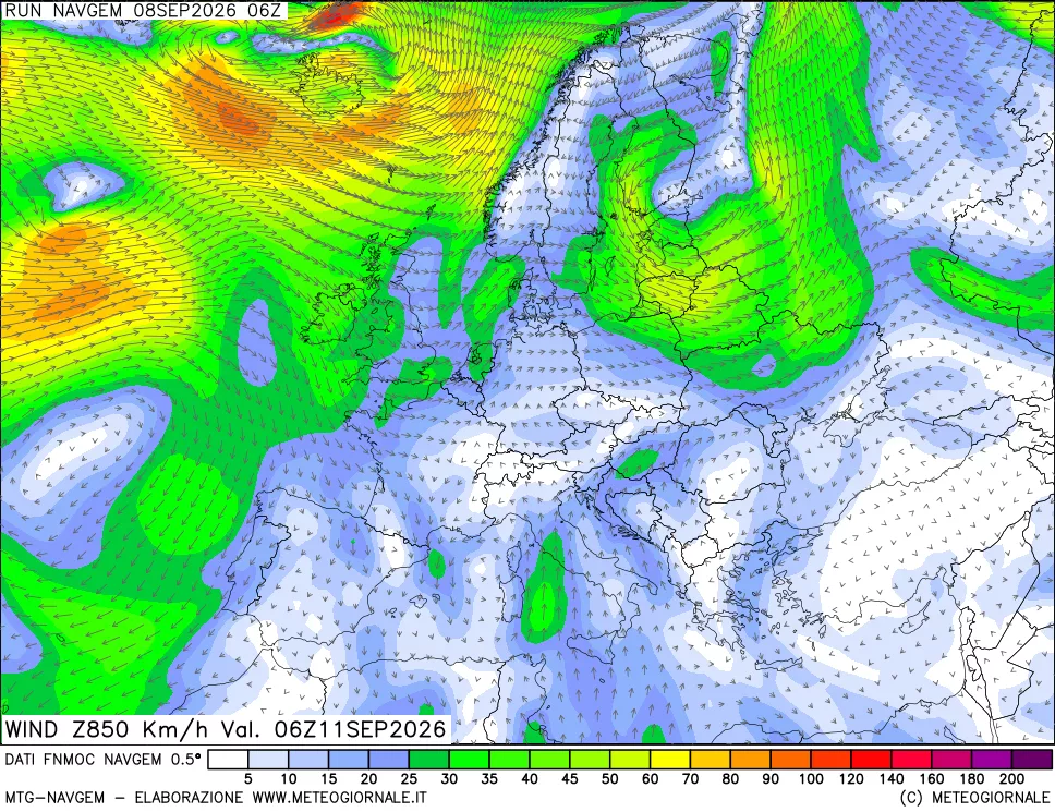 mappa Direzione e forza del vento a 850hPa