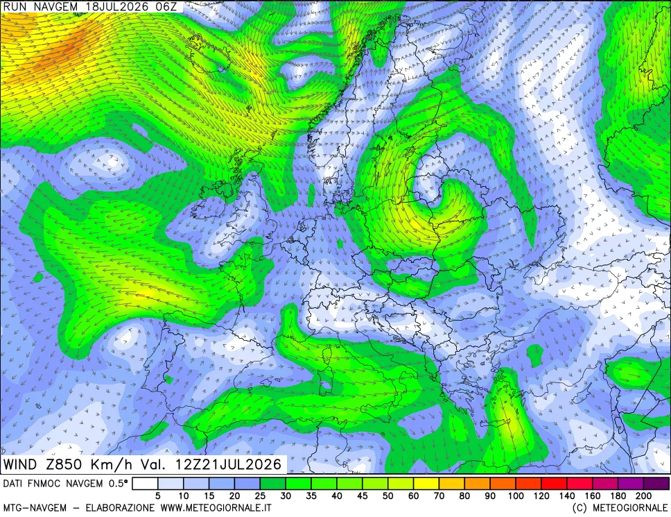mappa Direzione e forza del vento a 850hPa