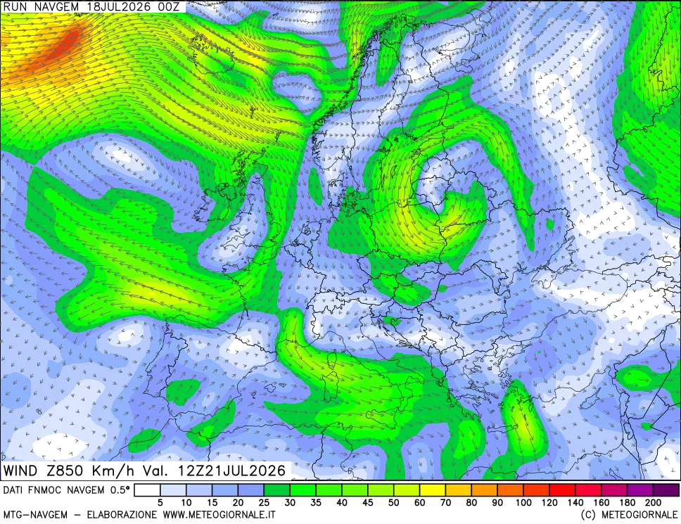 mappa Direzione e forza del vento a 850hPa