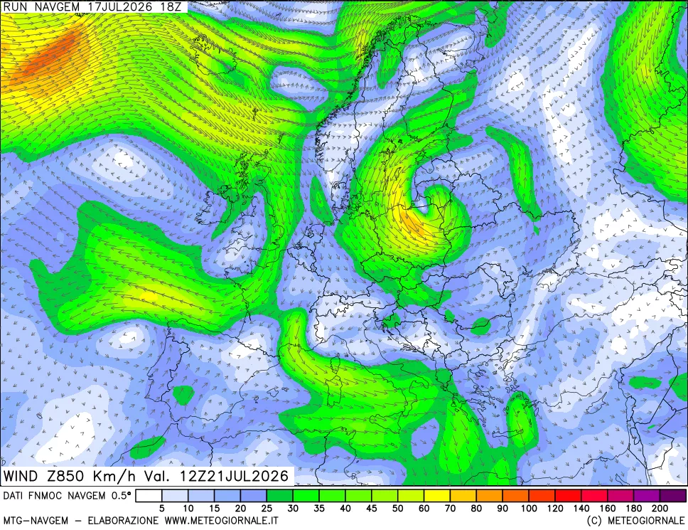 mappa Direzione e forza del vento a 850hPa