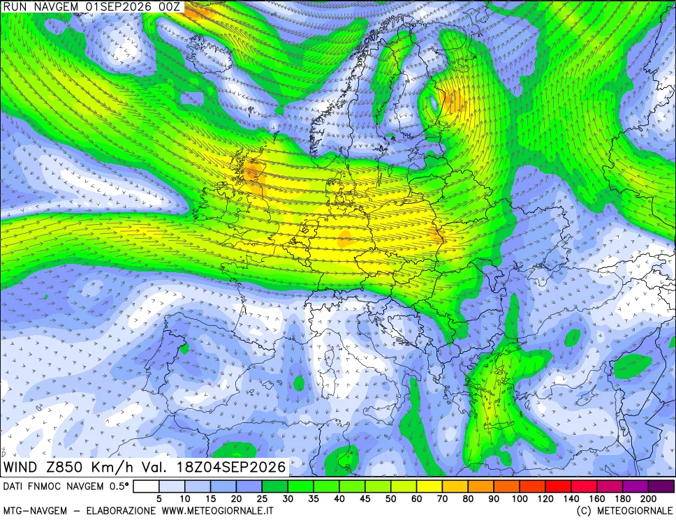 mappa Direzione e forza del vento a 850hPa